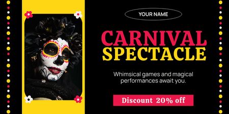 Plantilla de diseño de Espectáculo de carnaval de máscaras caprichosas con descuento en la entrada Twitter 
