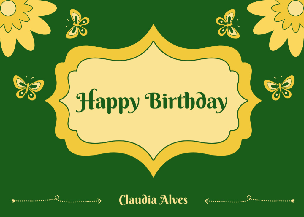 Birthday Greeting Text on Green Floral Ornament Postcard 5x7in Modelo de Design
