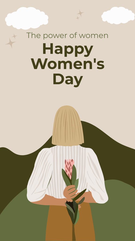 Women's Day Greeting with Woman holding Flower Instagram Story Modelo de Design