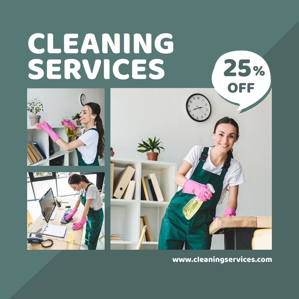 Modèle de visuel Specialized Cleaning Service Ad with Girl in Pink Gloved And Discounts - Instagram AD