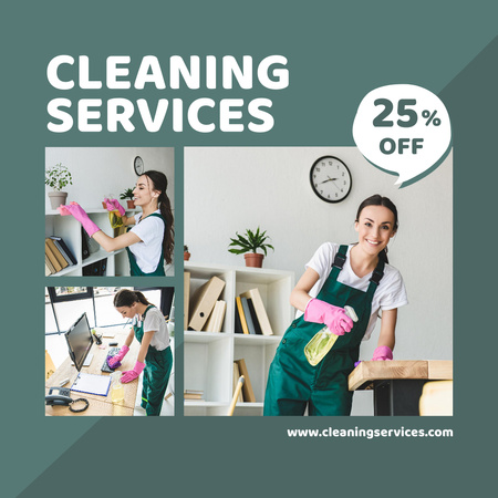 Specialized Cleaning Service Ad with Girl in Pink Gloved And Discounts Instagram AD Design Template