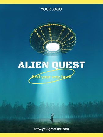 Exciting Quest Announcement with Flying Alien Saucer Poster US Design Template