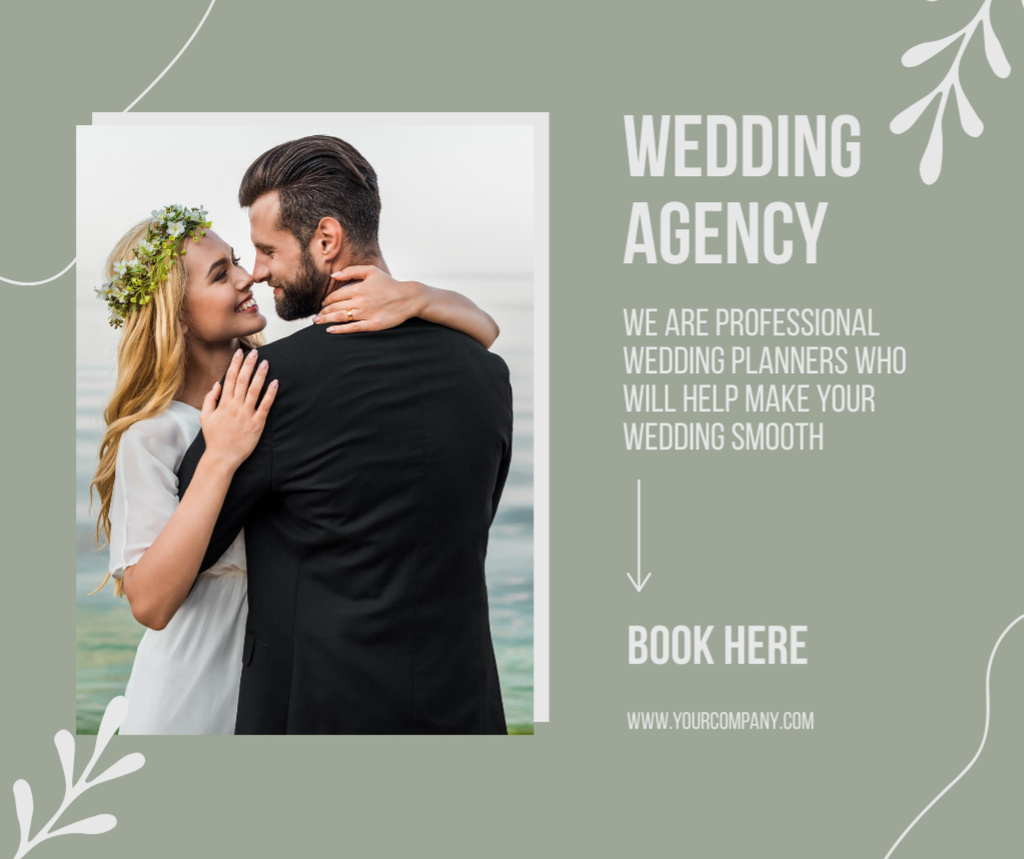 Wedding Agency Ad with Cheerful Bride and Groom Hugging Facebook Πρότυπο σχεδίασης