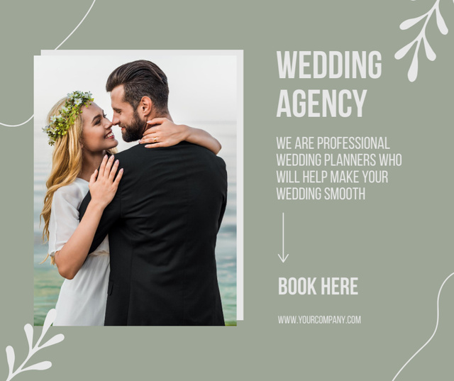 Platilla de diseño Wedding Agency Ad with Cheerful Bride and Groom Hugging Facebook