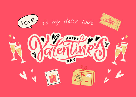 Platilla de diseño Greetings on Valentine's Day with Gifts and Champagne Glasses Card