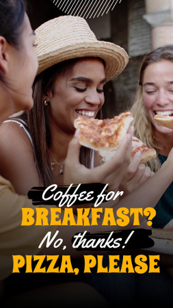 Amigos felizes comendo pizza no café da manhã com citação TikTok Video Modelo de Design