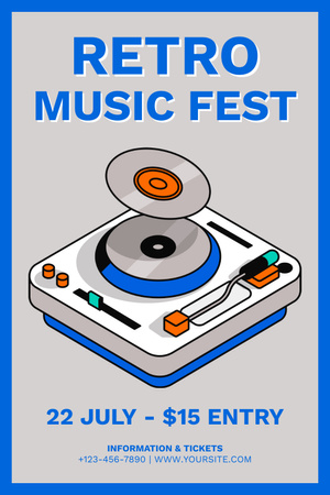 Retro Music Festival Announcement with Record Player Pinterest Design Template