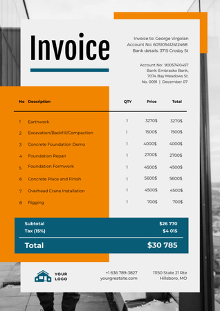 Detaylı İnşaat Firması Faturası Invoice Tasarım Şablonu