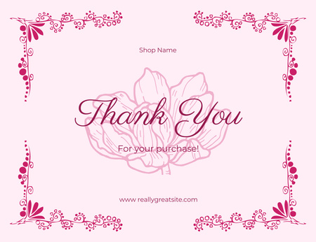 Pembe Çiçekli Girdap Çerçeveli Teşekkür Mesajı Thank You Card 5.5x4in Horizontal Tasarım Şablonu