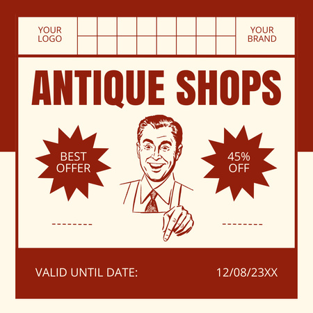 Modèle de visuel Offre spéciale de magasin d'antiquités avec des réductions en rouge - Instagram AD