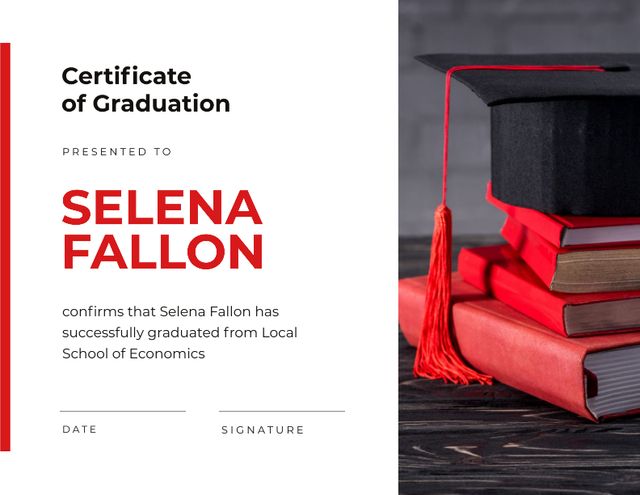 School of Economics Graduation with books and hat Certificate Design Template