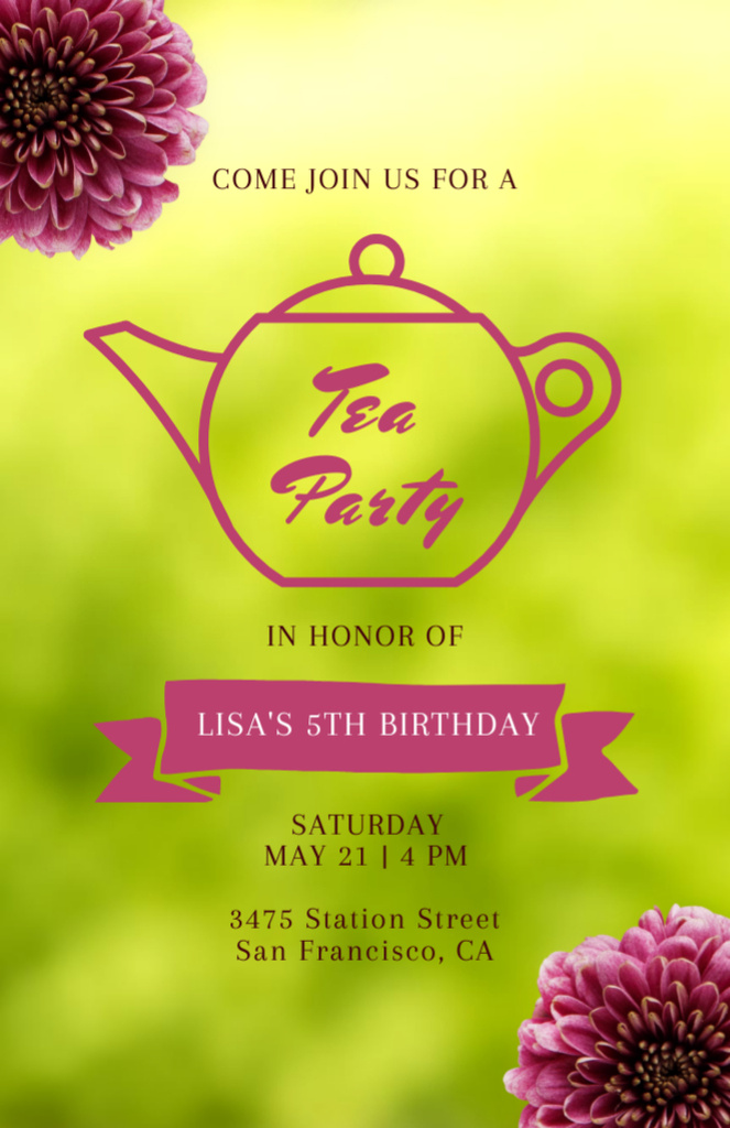 Lisa's Birthday Tea Party Invitation 5.5x8.5in Design Template