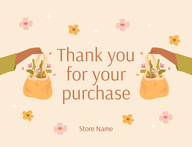 Thank You For Your Purchase Notice with Flowers in Basket Thank You Card 5.5x4in Horizontal Tasarım Şablonu