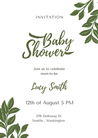 Baby Shower Announcement with Green Leaves Invitation Design Template