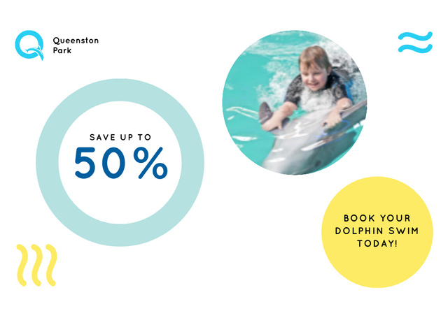 Plantilla de diseño de Swim with Dolphin Offer with Happy Cute Kid in Pool Flyer A6 Horizontal 