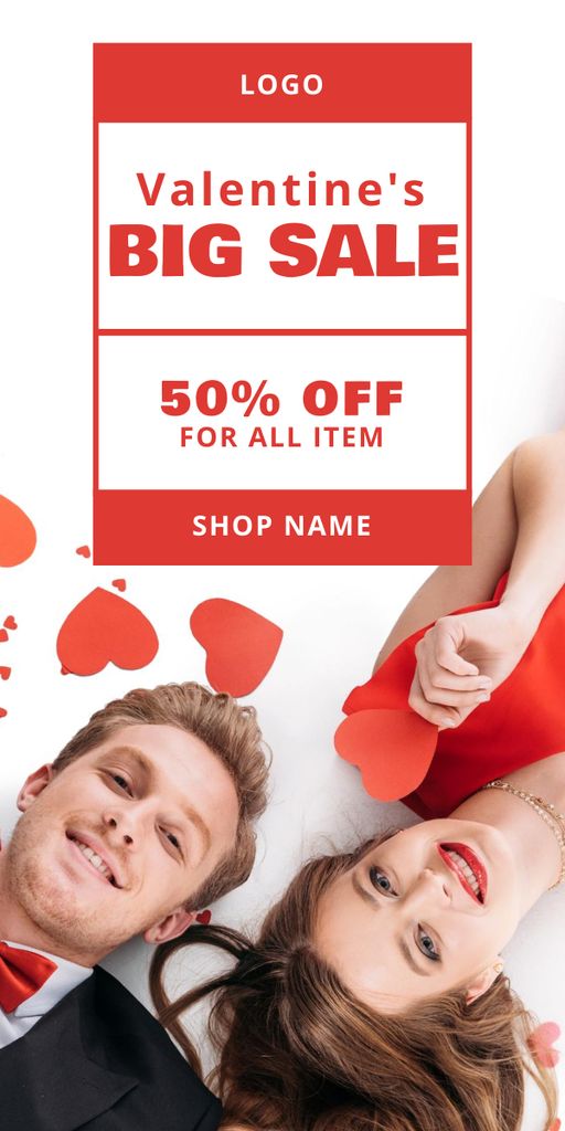 Valentine's Day Big Sale with Couple in Love and Hearts Graphic Design Template