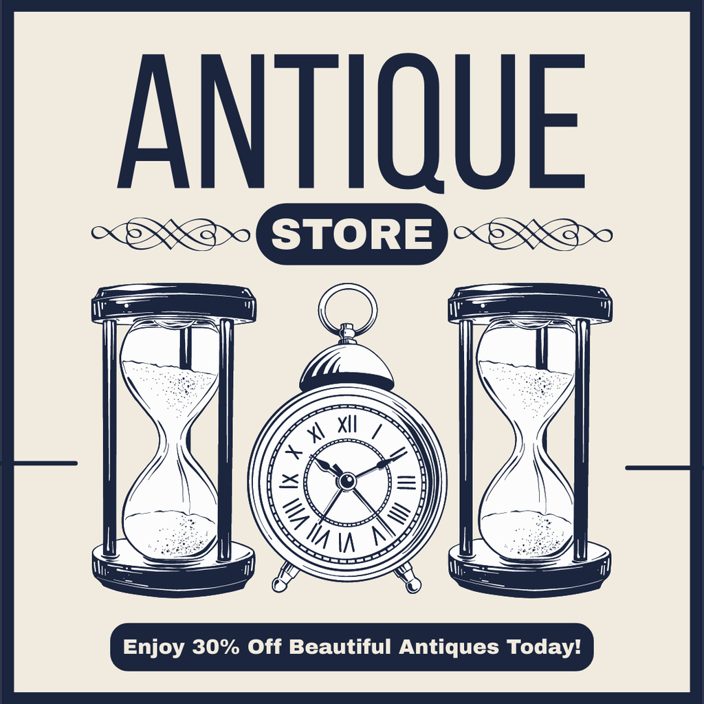 Lovely Alarm Clock And Hourglasses With Discount In Antique Store Instagram AD – шаблон для дизайна