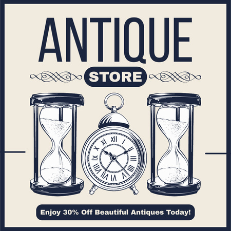 Lovely Alarm Clock And Hourglasses With Discount In Antique Store Instagram AD Design Template