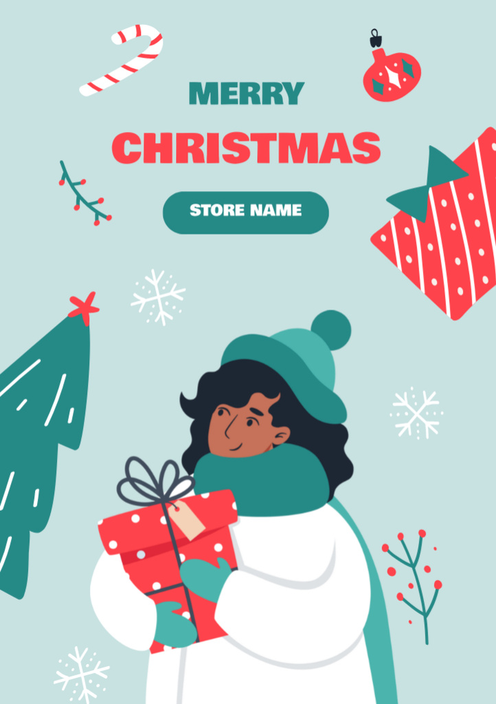 Plantilla de diseño de Merry Christmas Greeting with Woman Holding Gift Postcard A5 Vertical 