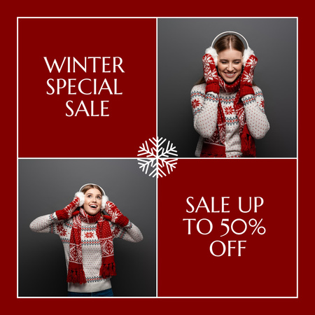 Special Winter Sale Collage with Young Woman in Sweater Instagram Design Template