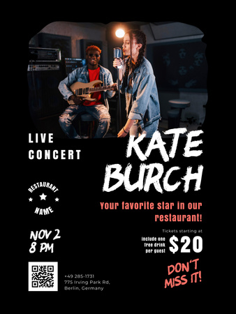 Live Concert in Restaurant Announcement Poster 36x48in Design Template
