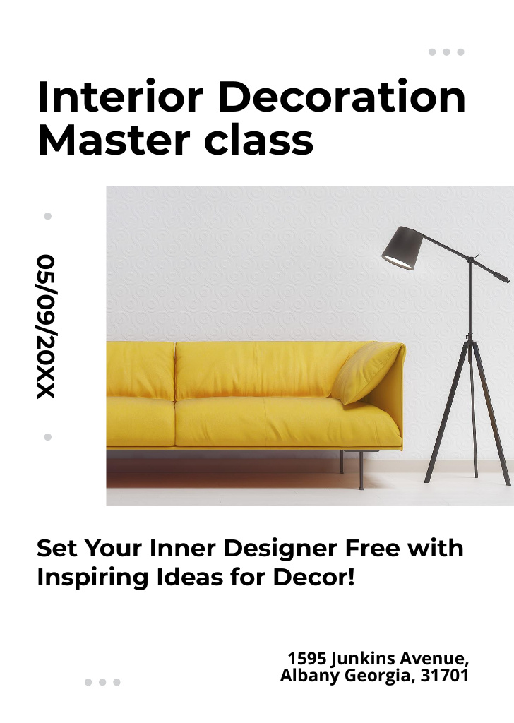 Plantilla de diseño de Interior Decoration Masterclass Ad with Yellow Couch with Lamp and Flowers Flyer A6 