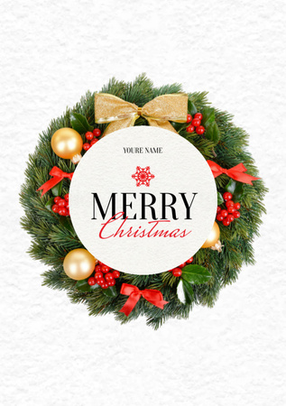 Christmas Holiday Greeting with Decorated Wreath Postcard A5 Vertical Design Template