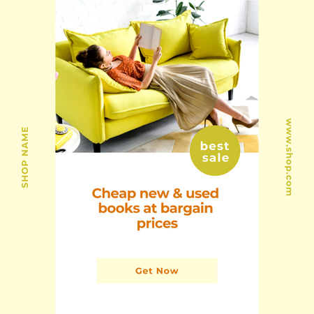 Designvorlage Woman Reading Book on Cozy Yellow Couch für Instagram