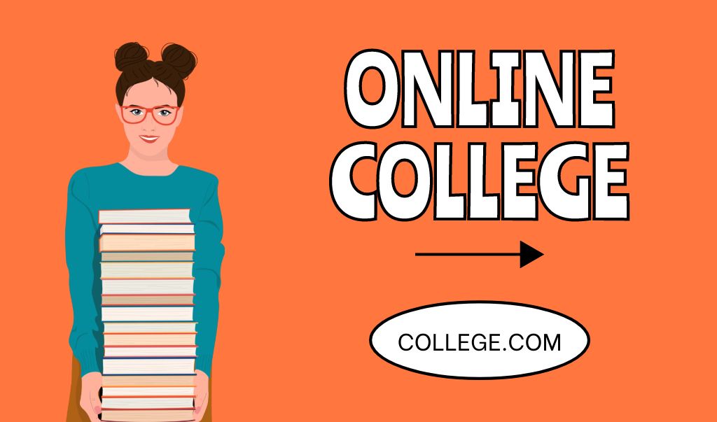 Online College Apply Announcement with Girl holding Books in Orange Business card Design Template