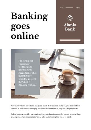 Online Banking Ad with Coffee on Workplace Newsletter tervezősablon