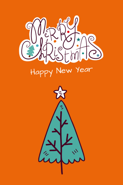 Christmas and New Year with Festive Tree Sketch and Star Postcard 4x6in Vertical Design Template