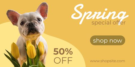 Designvorlage Spezieller Frühlingsverkauf mit süßem Welpen und Tulpen für Twitter