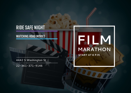 Film Marathon Night With Popcorn Card Design Template