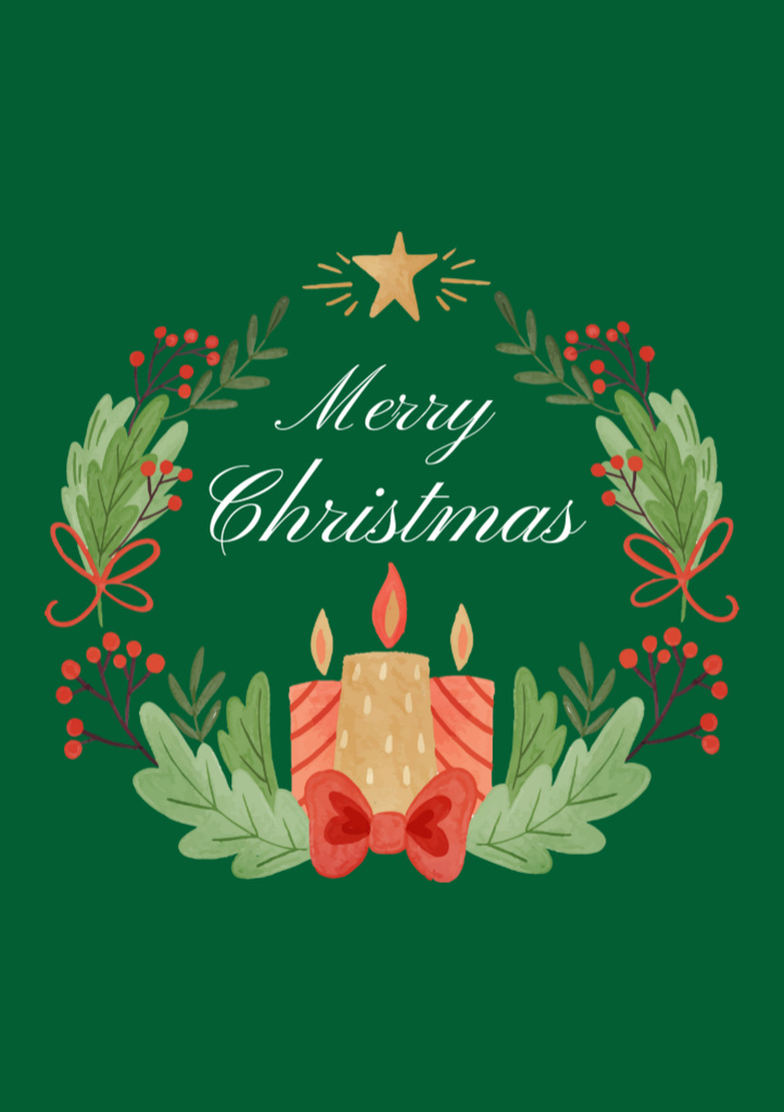 Ontwerpsjabloon van Postcard A5 Vertical van Christmas Greeting with Wreath and Candles