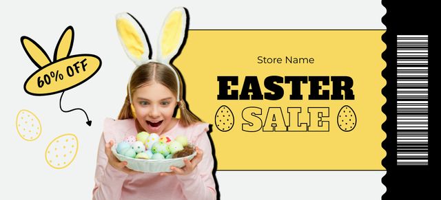 Easter Sale Announcement with Girl Holding Plate of Dyed Eggs Coupon 3.75x8.25in Tasarım Şablonu