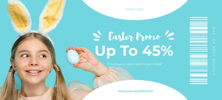 Modèle de visuel Promo de Pâques avec un enfant dans des oreilles de lapin tenant un œuf de Pâques peint - Coupon 3.75x8.25in