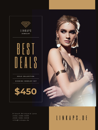 Designvorlage Jewelry Sale with Woman in Golden Accessories für Poster US