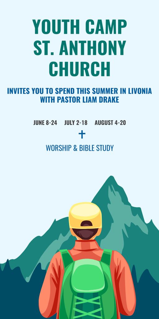 Youth Religion Camp invitation with boy in Mountains Graphic – шаблон для дизайна