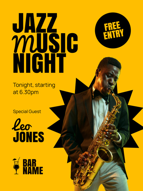 Jazz Music Night Announcement with Musician Poster 36x48in Design Template