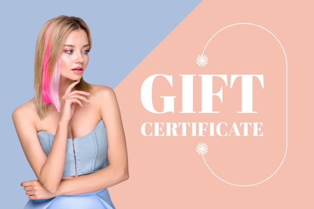 Beauty Salon Ad with Woman with Bright Pink Curls Gift Certificate tervezősablon