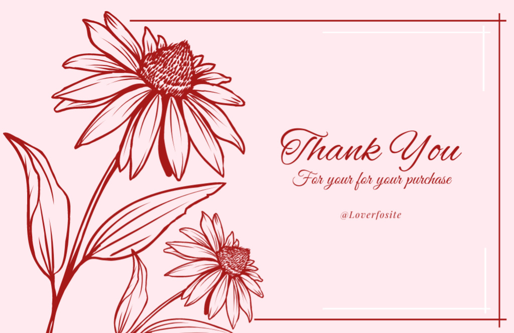 Thank You for Purchase Message with Flowers Sketch on Pink Thank You Card 5.5x8.5in Modelo de Design
