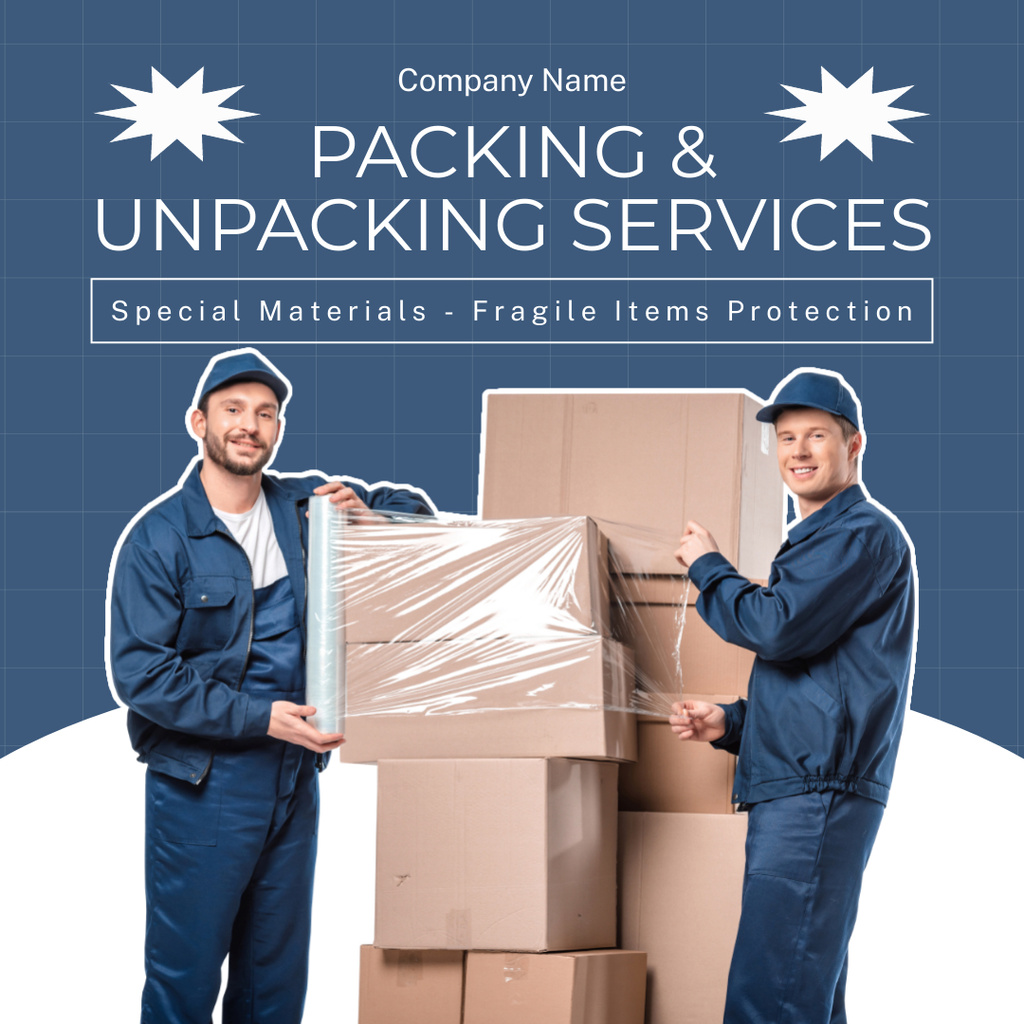 Plantilla de diseño de Ad of Packing Services with Couriers near Boxes Instagram 