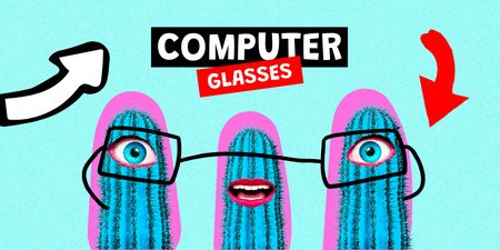 Plantilla de diseño de divertida ilustración de gafas de ordenador en cactus Twitter 