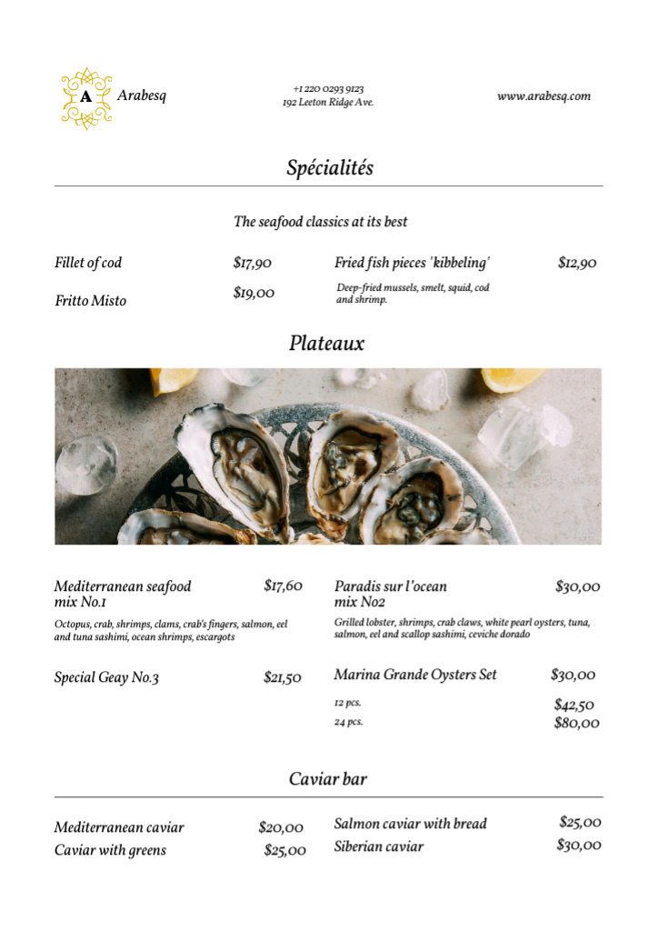Seafood Restaurant Promotion with Oysters and Lemon Menu Modelo de Design