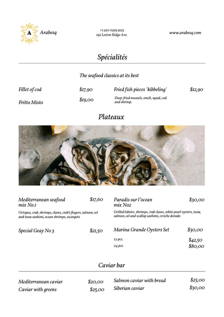 Seafood Restaurant Promotion with Oysters and Lemon Menu Design Template