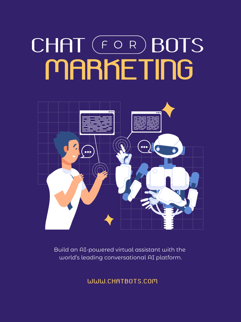 Online Chatbot Services with Robot and Developer Poster USデザインテンプレート