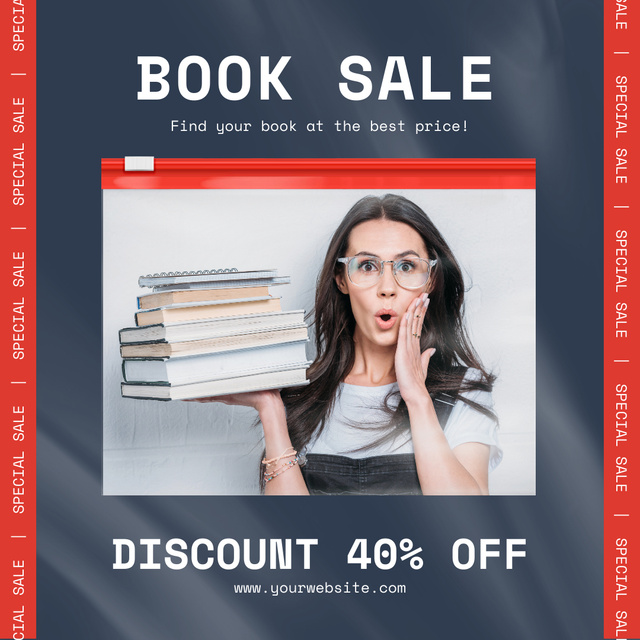 Book Sale with Surprised Young Woman Instagram Πρότυπο σχεδίασης