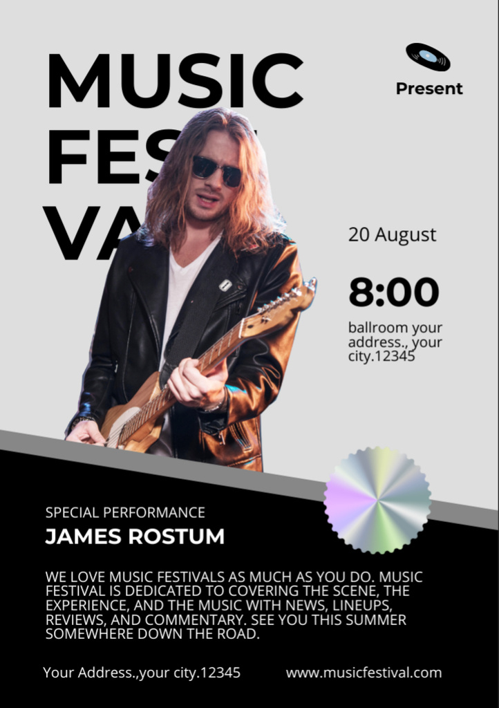 Music Festival Announcement with Rock Musician Flyer A7 Šablona návrhu