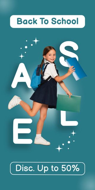 Discount on School Items with Girl in School Uniform Graphic Design Template