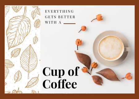 Cup Of Coffee With Milk And Leaves Postcard 5x7in Tasarım Şablonu